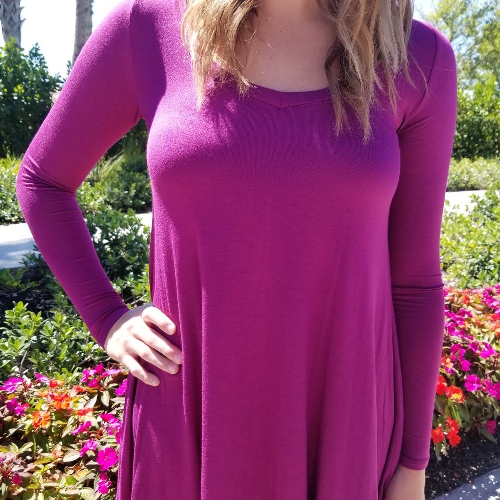 Magenta V Neck Tunic Boho Dress - Picture 4 of 6